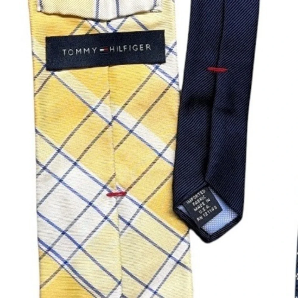 Tommy Hilfiger Mens Necktie Bundle Set of 3 Plaid Geometric Solid Blue Yellow